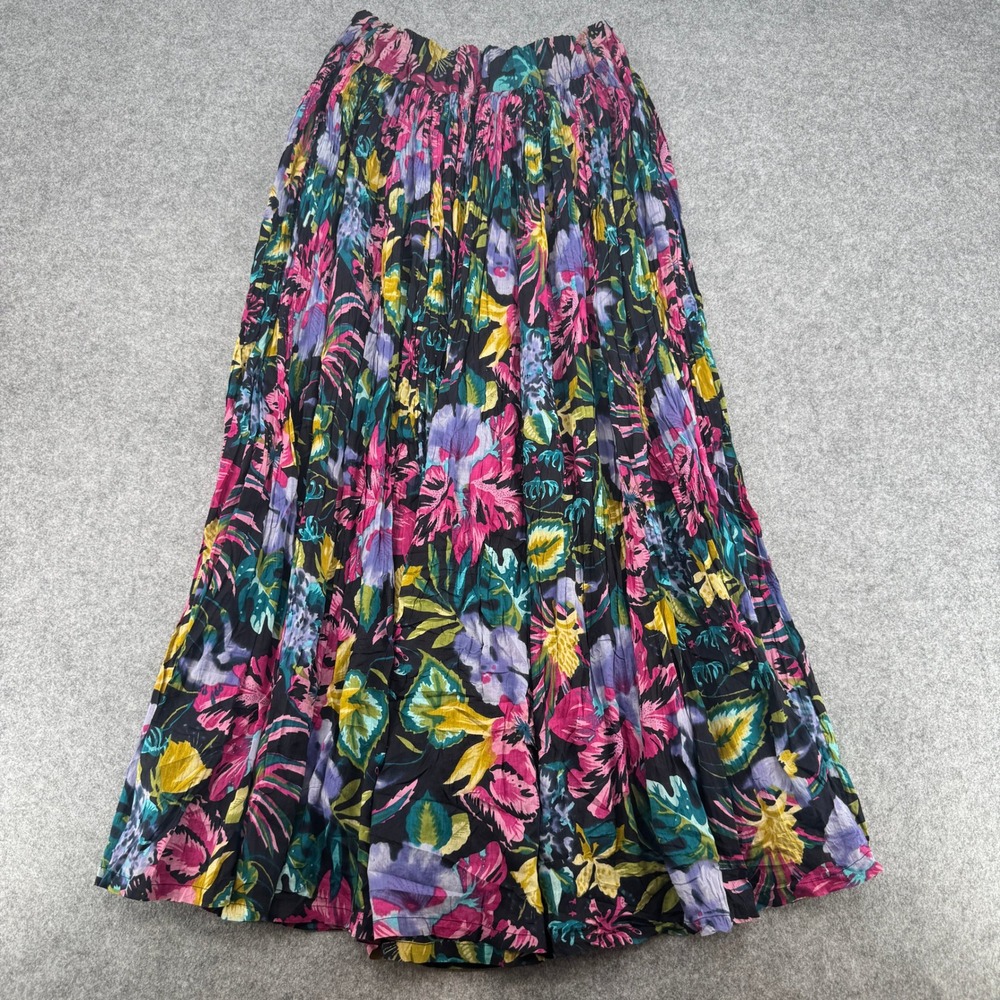 At Last Studio Womens Small Floral Maxi Skirt Cotton Tropical Broomstick Black